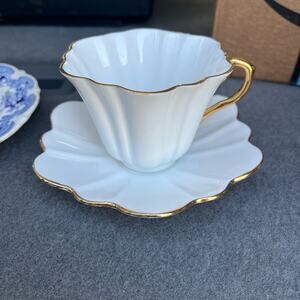 Vintage Rosina Fluted White teacup and Saucer Bone China England Gold Trim